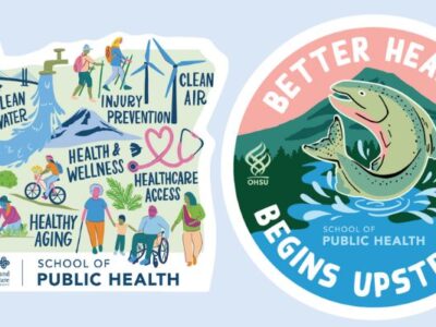 OHSU-PSU School of Public Health 10 Year Anniversary Sticker Design of a Salmon jumping out of a river flowing from Mt. Hood and a sticker of public health icons throughout Oregon
