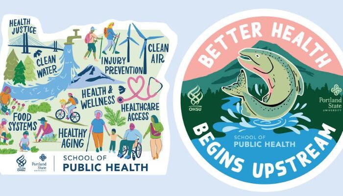 OHSU-PSU School of Public Health 10 Year Anniversary Sticker Design of a Salmon jumping out of a river flowing from Mt. Hood and a sticker of public health icons throughout Oregon