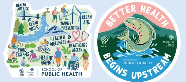 OHSU-PSU School of Public Health 10 Year Anniversary Sticker Design of a Salmon jumping out of a river flowing from Mt. Hood and a sticker of public health icons throughout Oregon