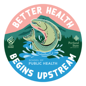OHSU-PSU School of Public Health 10 Year Anniversary Sticker Design of a Salmon jumping out of a river flowing from Mt. Hood