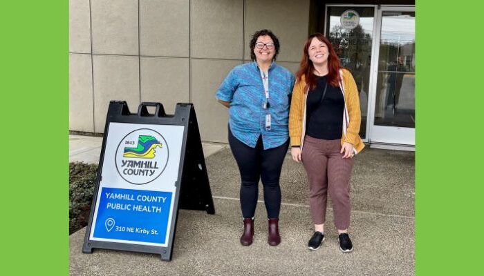 Caitlin Nemeth, Community Engagement Coordinator at the Yamhill County Health Department, and Sam Arneson, MPH-PHP student