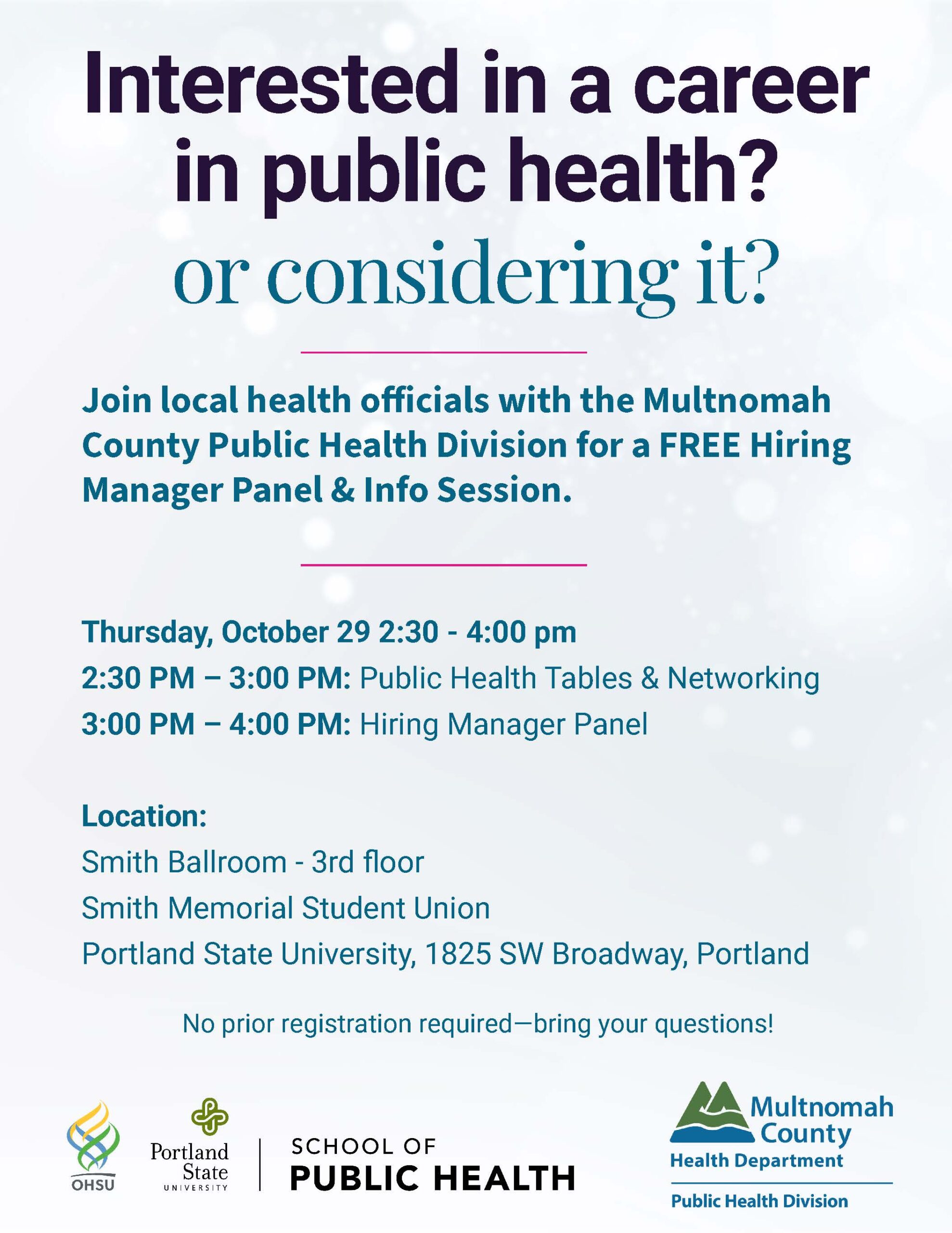 OHSU-PSU School of Public Health Hiring Manager Informational Session partnered with Multnomah County Public Health Division event on October 29th from 2:30pm - 4:00pm PST
